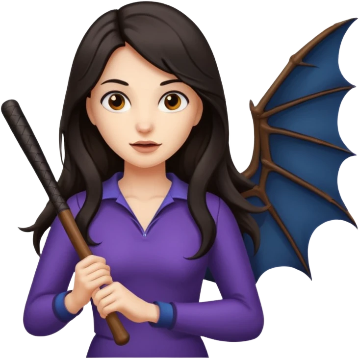 woman with long dark hair holding a flying bat emoji