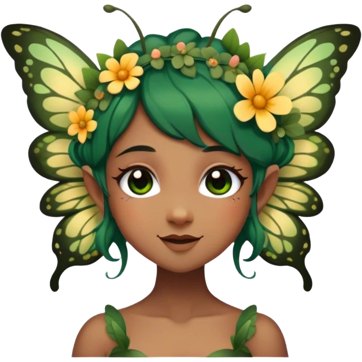 Cinematic Realistic Forest Nymph Fairy Portrait, head tilted dramatically with an exaggeratedly amused expression, featuring a striking, nature-infused form with glowing, sun-kissed tanned skin and vividly detailed dark green hair adorned with floral accents. Her expressive eyes brim with playful forest mischief, rendered with vibrant, lifelike textures and dynamic dappled lighting that conveys a spirited, over‐the‐top woodland whimsy showing her large butterfly wings from her back. emoji