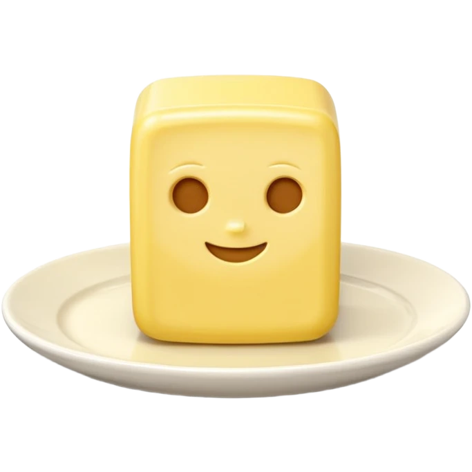 A 3D cartoon yellow butter block on a white ceramic dish, soft lighting, Memoji-style realism. emoji