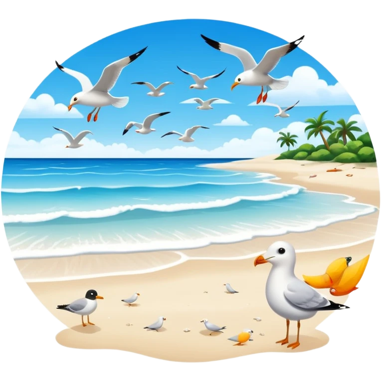 Beach with ocean and fish and birds emoji
