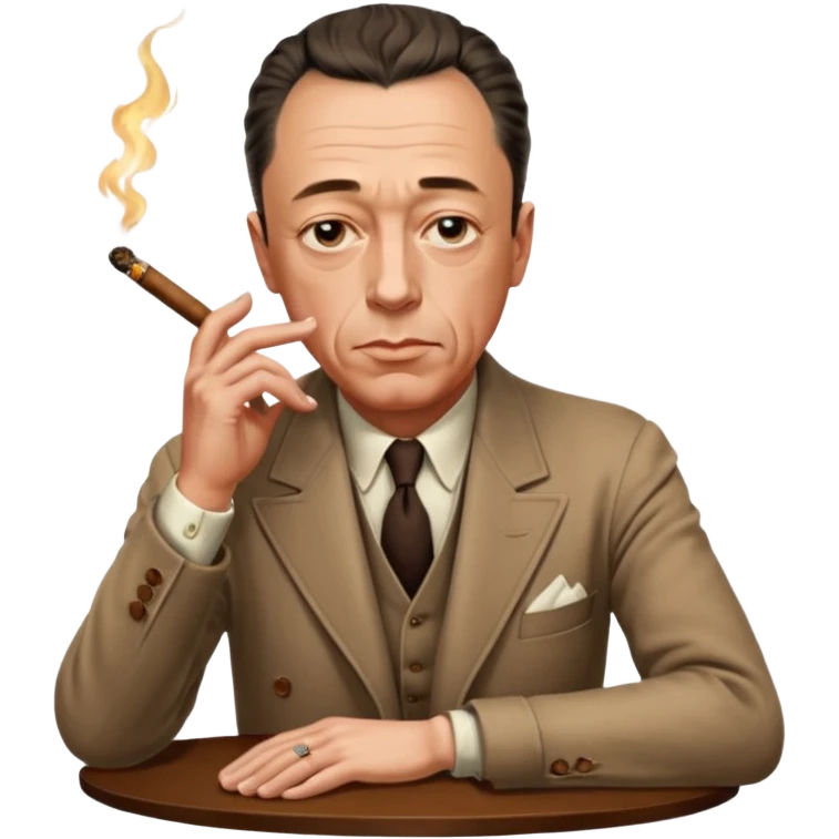 Albert Camus with a small cigar between his fingers, and with his both arms folded together loosely on the table. He looks chic, intellectual, philosophical, yet not so serious, thus so having fatal charm and attractive. His posture looks relaxed.  emoji