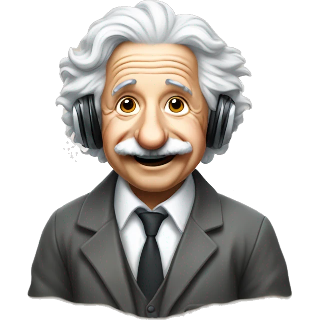 happy albert einstein holding headphones in one hand emoji