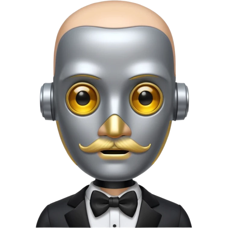 Silver robot with a square head, no hair, yellow eyes, thick moustache, wearing a tuxedo, buff emoji