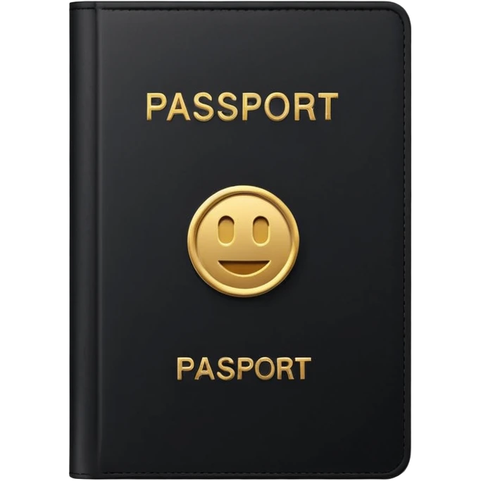 Minimal emoji icon of a black passport, matte cover, simple gold emblem, clean lighting emoji