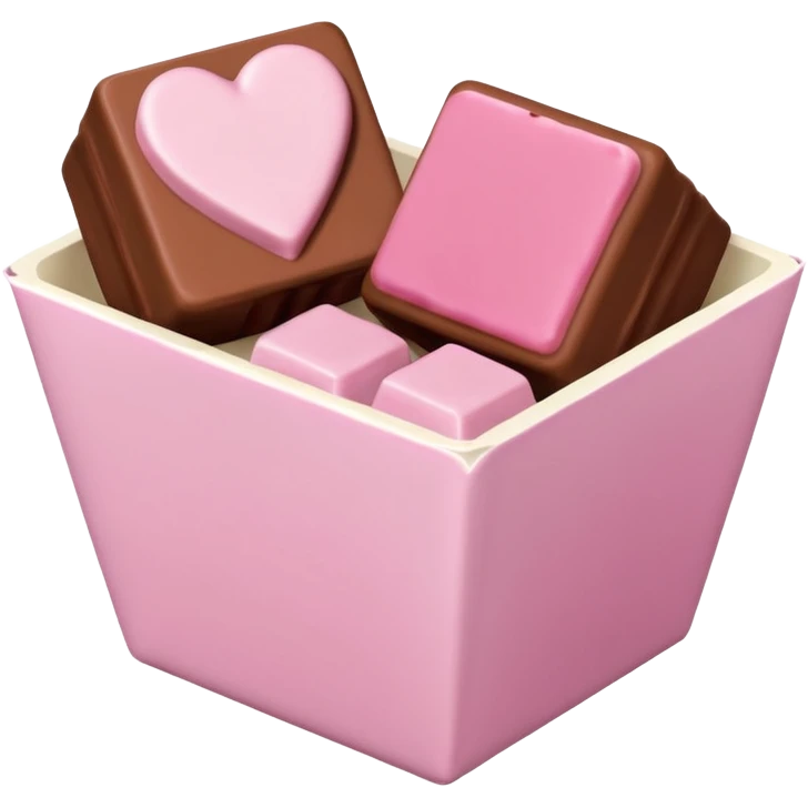 Two square milk chocolate pralines, Each praline is a sharp-edged cube with smooth glossy chocolate coating, placed in a small white fluted paper candy cup. On top of each cube is a flat pastel pink heart-shaped icing emoji