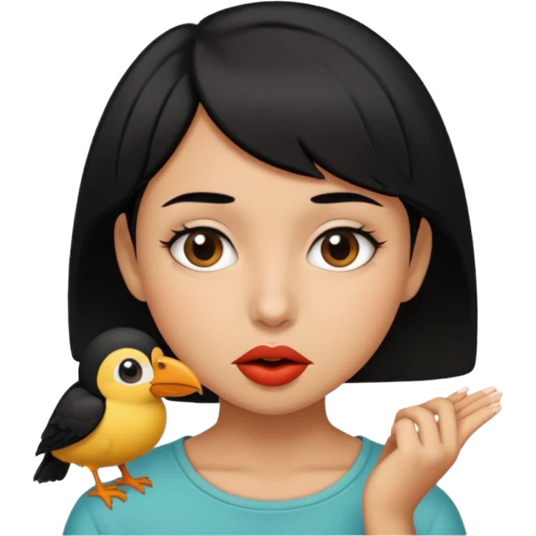 Niña con pelo corto negro con un pico en la boca  emoji