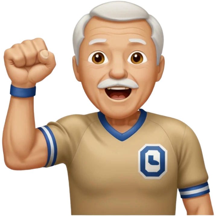 A grandpa in a vintage jersey, pumping his fist and shouting proudly. emoji