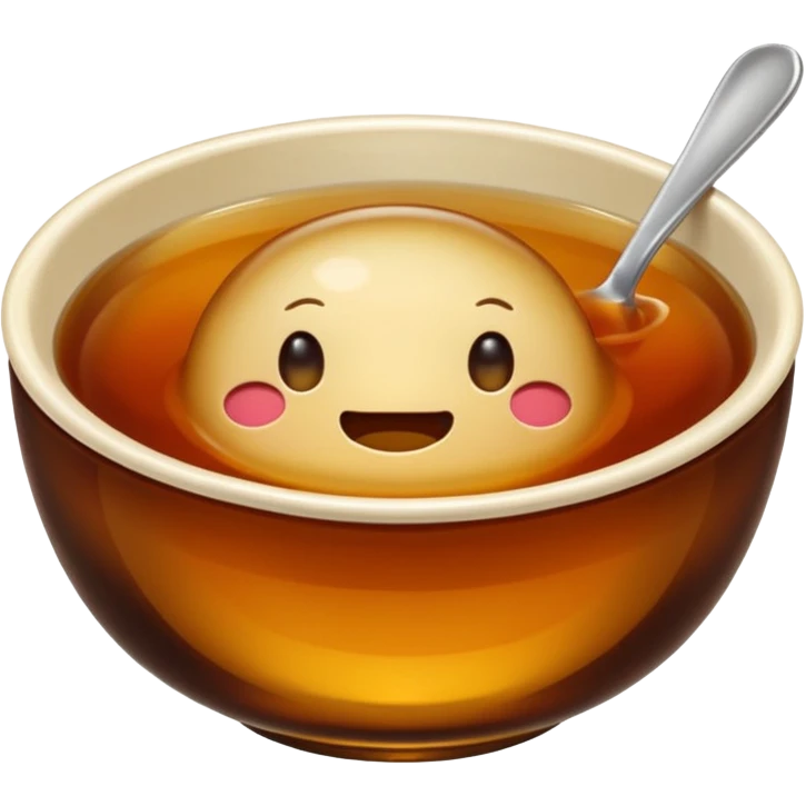 bowl of consommé, transparent brown liquid, no face, no smile, no expression, only food, emoji style emoji