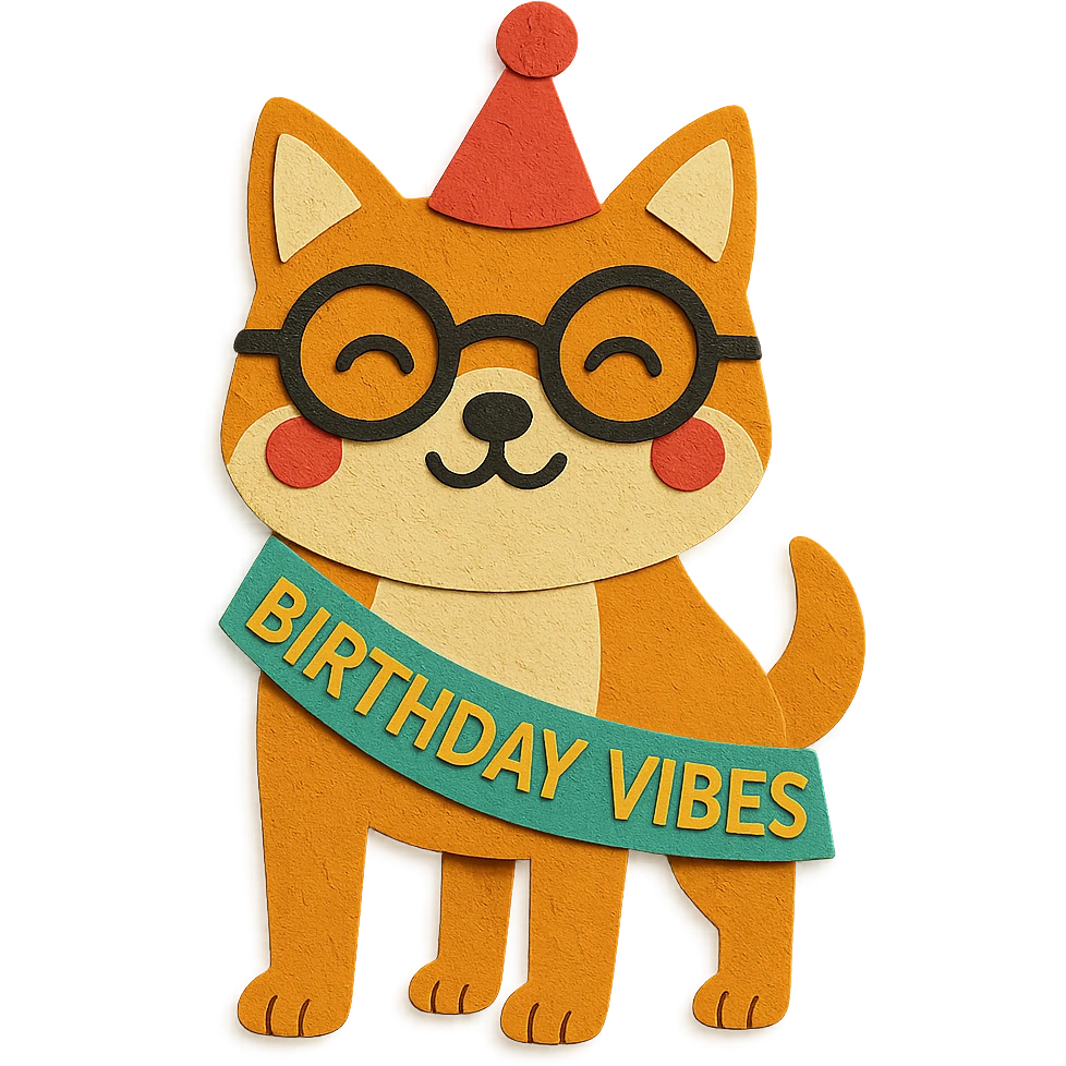 Adjust the Shiba Inu to have a clear 4-leg appearance and make the 'Birthday Vibes' sash thinner in style. Keep the paper-craft style, glasses, party hat, and all other elements the same. emoji