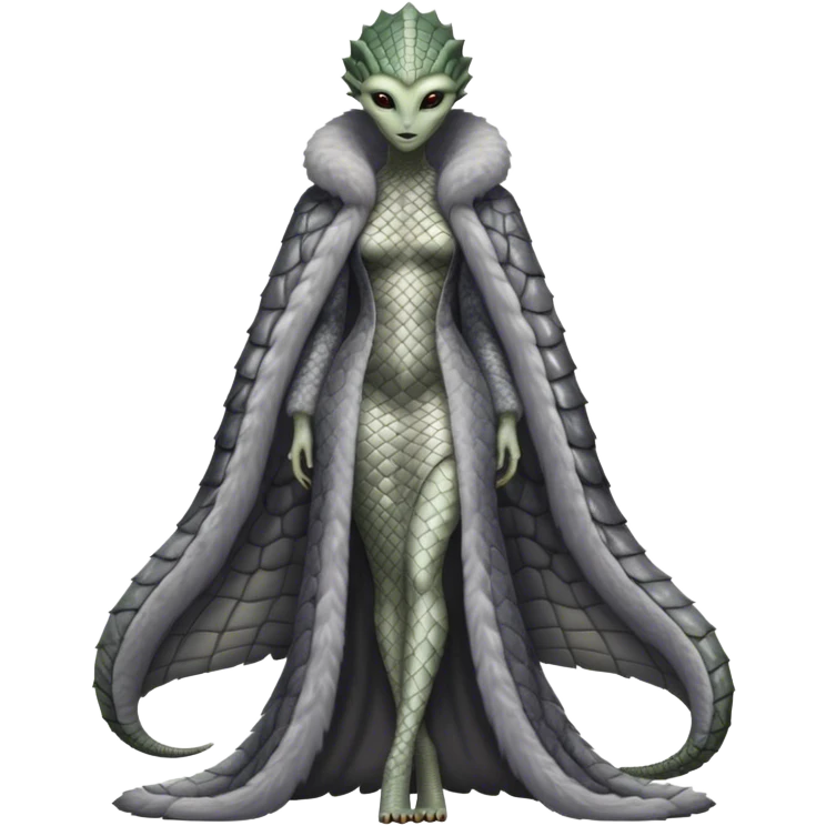 a Reptilian alien woman, in gray dress, in fur coat, full body emoji
