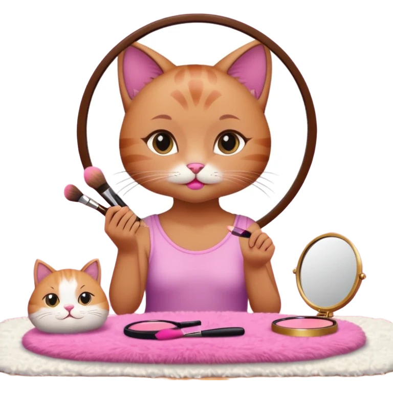 Show me a picture or a girl cat sitting in a cute room doing makeup into a pink little mirror emoji