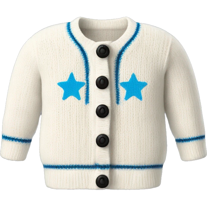 Knitted white cardigan with black detailing on the bottoms and sleeves and near the three buttons and three blue stars on each sleeve  emoji