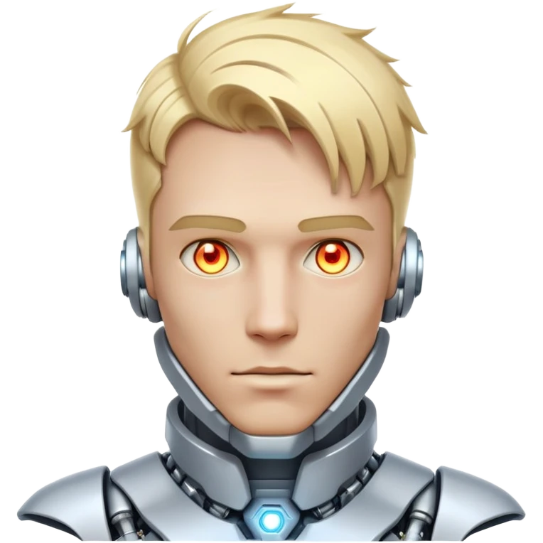 Cyborg male with blond hair, partly mechanical face, glowing eyes, white tech collar emoji