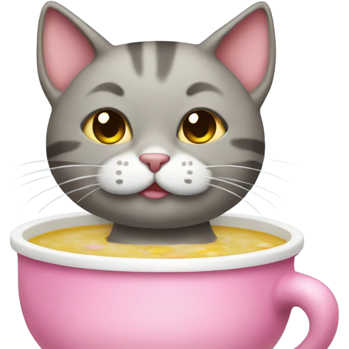 Cat eating soup wearing a pink bow on its head emoji