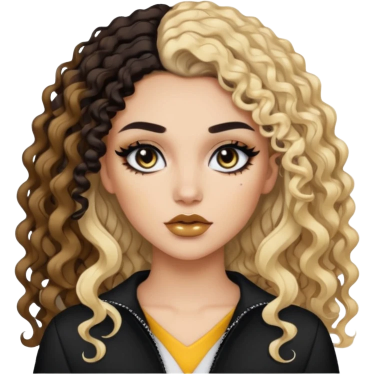 Split dye brunette and blonde, baddie, pretty makeup, black eyeliner, long and curly hair emoji