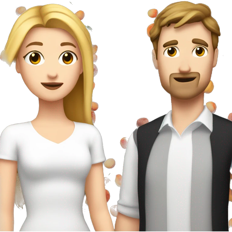 A white girl with a black square kisses a tall white guy with brown hair. There are peaches all around emoji