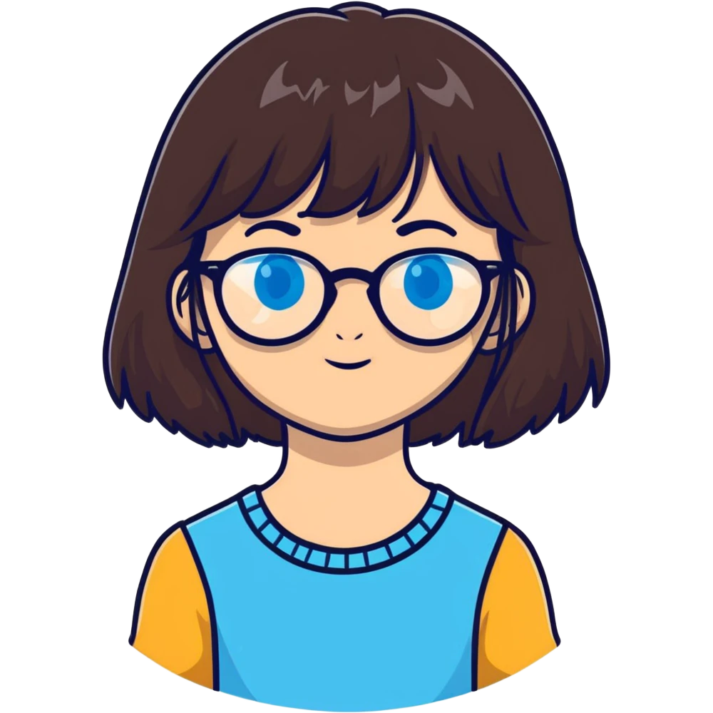 teenage girl with long dark brown hair, bangs, blue eyes, round glasses with thin black frames emoji