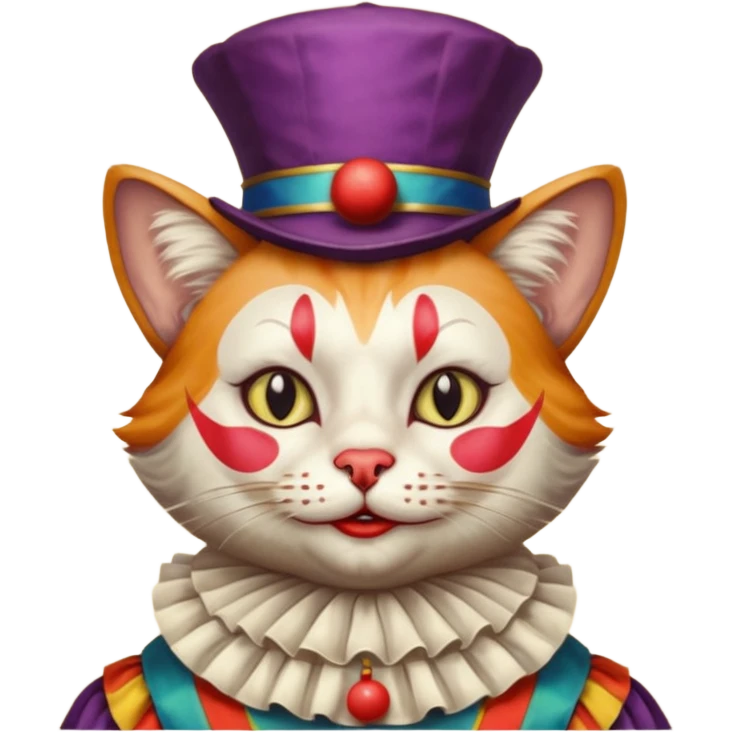 Renaissance painting style cat with clown makeup and attire emoji