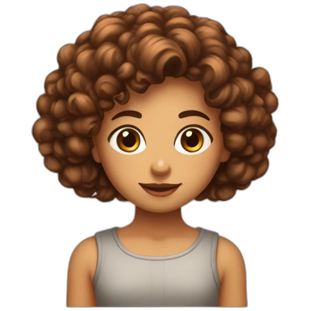 Fille cheveux bouclés foncés qui arrivent aux épaules front un peu grand yeux marron emoji