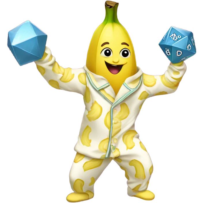 Banana in pajamas dancing and holding a d20 emoji