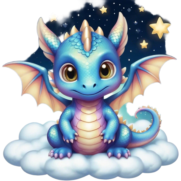 Airbrush painted image of an adorable little baby dragon with large glistening eyes sitting on a cloud under a deep galactic sky with pearlescent scales and wings spread against the stars emoji