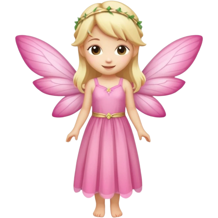 fairy with blonde hair, pink wings and long dress, happy, chibi full body emoji