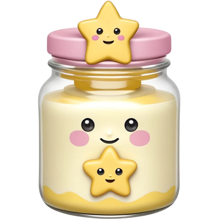Una miniatura fotorrealista de una mantequilla corporal batida en un tarro, decorada con una pequeña figura sólida en forma de flor o estrella en la parte superior. Estilo: postre, arte, colores vibrantes. emoji