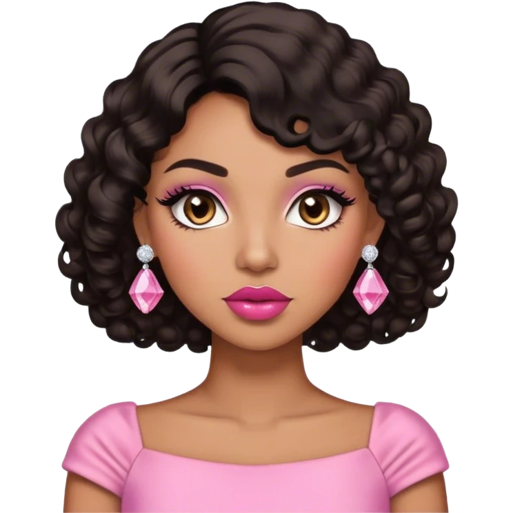 light brown skin tone, very beautiful woman, with big plump lips, long long lashes, black curly bob, brown eyes, pink dress, diamond stud earrings emoji
