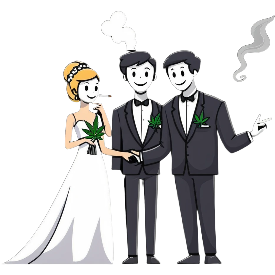 Person in fancy clothes sneaking into a wedding ceremony with a mischievous grin, uninvited guest, smoking cannabis emoji