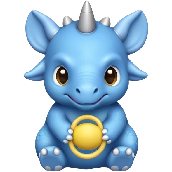 A small blue baby triceratops toy with stubby horns and a pacifier emoji