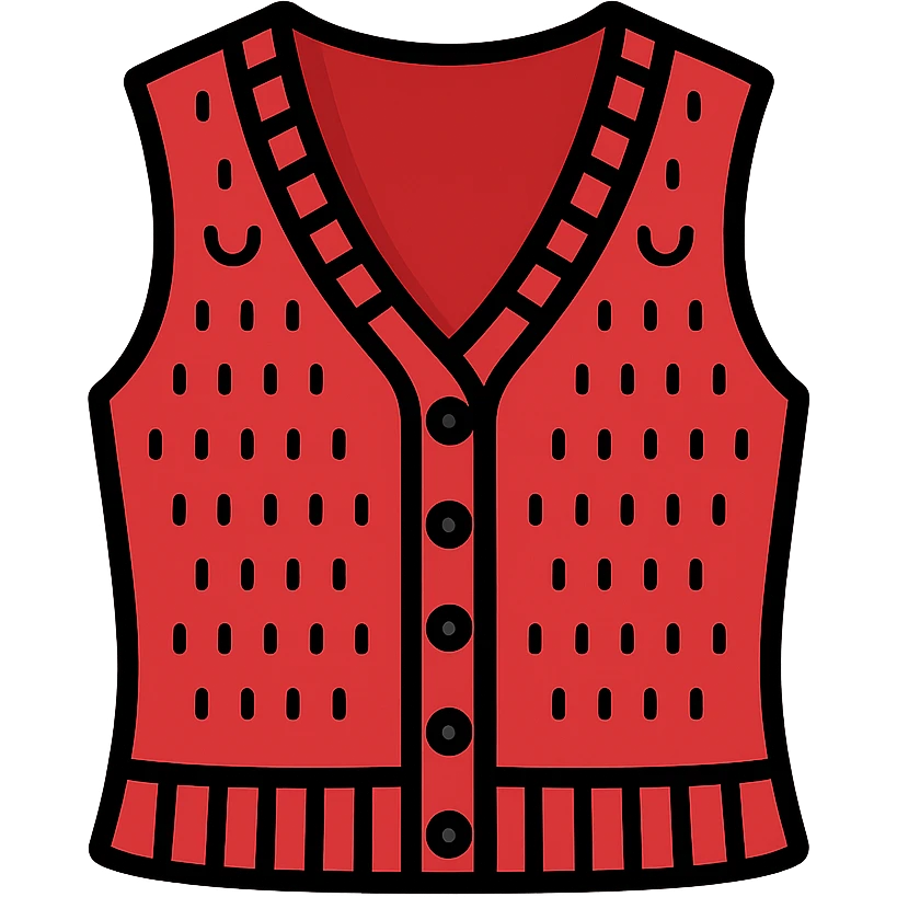 illustration of red Barry vest Sézane, visible knit texture, feminine cut, aligned buttons, transparent background, elegant and recognizable style for knitwear category emoji