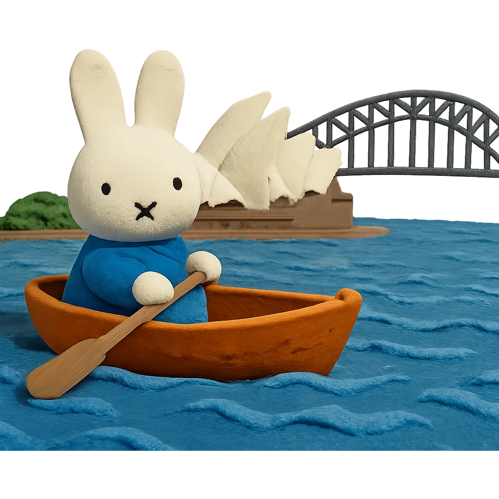 claymation style Miffy in a boat on Sydney Harbour emoji