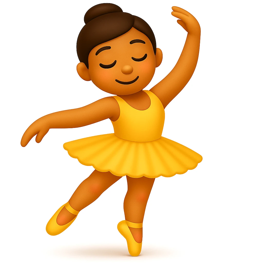 Edit the image to keep the same pose with the right foot on tippy toe in iOS emoji style. Maintain the yellow tutu, elegant, smooth, and shiny look as in the reference. Add a slight blush to the knees. emoji