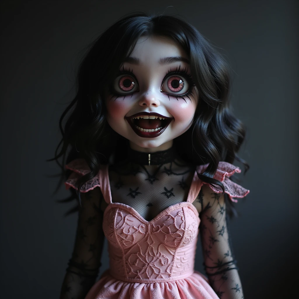 BLACKPINK inspired goth emoji, photorealistic style, black mesh, dramatic shadows, pale skin, gothic atmosphere, pink lace dress emoji