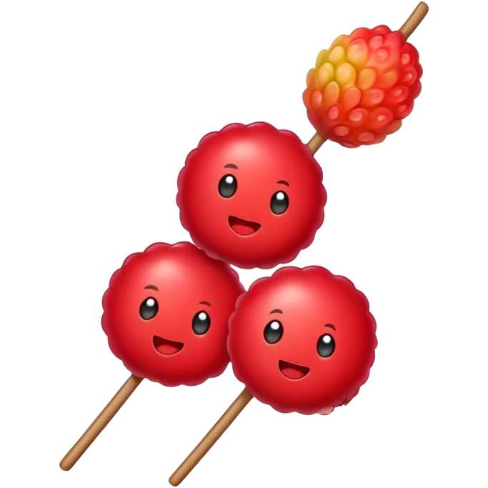 Sugar coated Chinese haws fruits crispy red snack, simplified emoji style with bold outlines and bright colors, cartoon style bingtang hulu on stick emoji