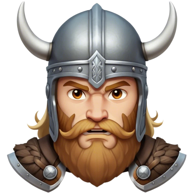 Clash of Clans aesthetic: Cinematic Fierce Viking Portrait Emoji, Poised and bold with a rugged yet stylized build, wearing a simple horned helmet and sporting a neatly trimmed beard, his face rendered in a natural skin tone, intense eyes reflecting fierce determination, Simplified yet dynamic features, highly detailed, glowing with a cool, battle-ready radiance, high shine, brave and resolute, stylized with an air of ancient Nordic valor, focused and commanding, soft glowing outline, capturing the essence of a fearless Viking adventurer ready to set sail on epic quests! emoji