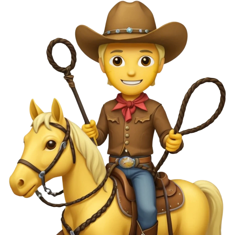Cowboy riding a horse with whip. With yellow skin and smilling. Simplize it and I need a full pic with horse. Like I need the leg part too emoji