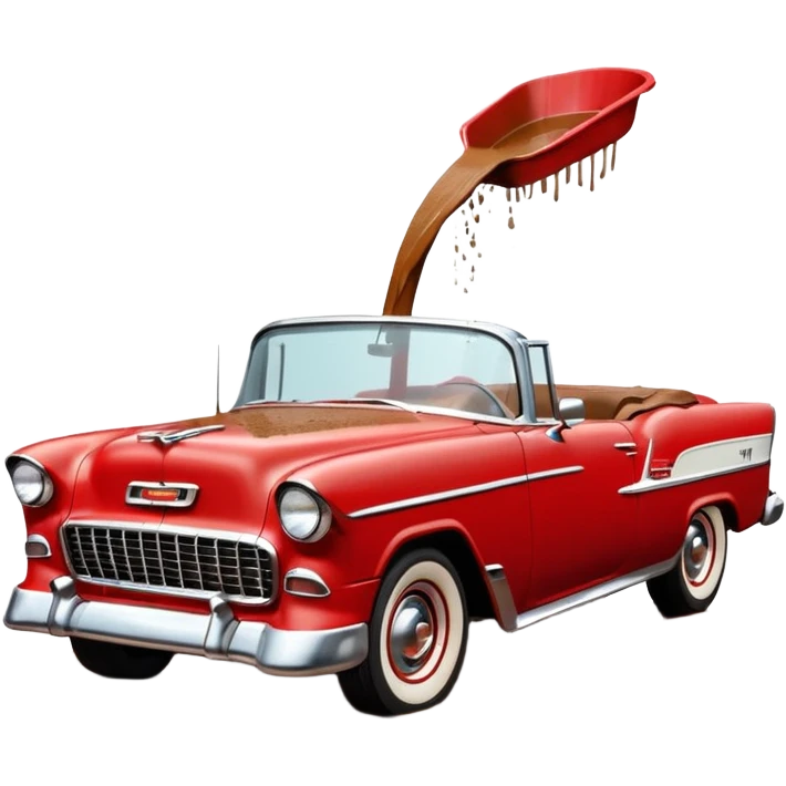 1955 Chevrolet Bel Air Convertible, Red-White color, with a bucket of brown mud pouring down on it, and the car itself is covered in brown mud on the sides that has stuck.32x32 pixels, aspect ratio: 1:1 emoji