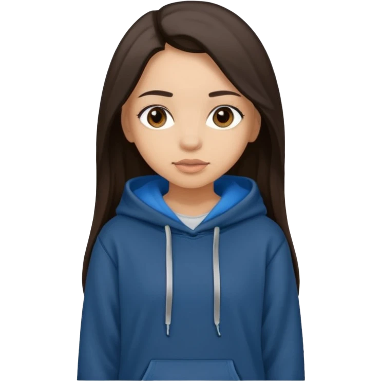Can you make a girl with dark brown eyes with dark brown hair straight long hair with fully body with a black hoodie and blue baggy jeans emoji