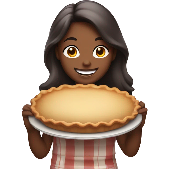 smiling girl holding pie indoors emoji