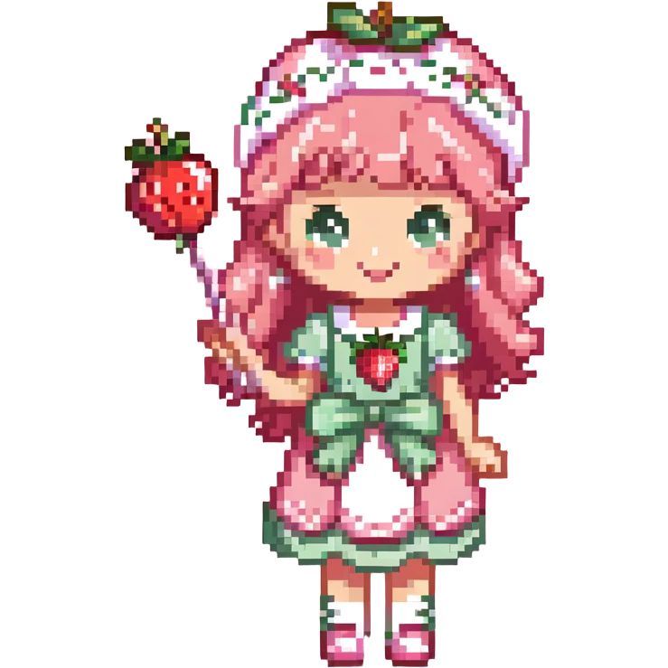 little girl in a strawberry shortcake dress, holding a candy wand, pastel background emoji