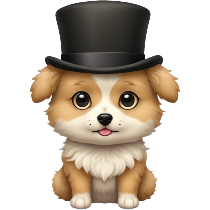 cute small dog with plain light tan fur, black nose, black round eyes, curly fluffy medium length hair, wearing a top hat emoji