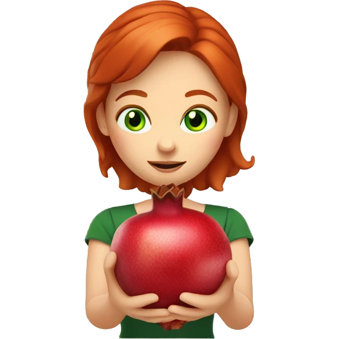 Redhead with green eyes, holding a pomegranate. 4k emoji