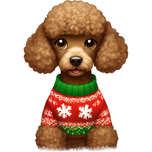 A brown mini poodle wearing  a Christmas sweater emoji