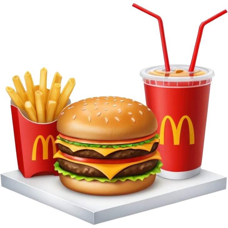 make a Luxe Cheeseburger Meal combo with cold drink inside that a straw and some ice cubes and beside some McDonald's fries box inside some thick fries

 with a angle to 15–20° gentle bird’s-eye angle  emoji