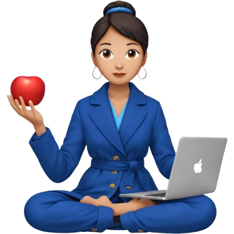 emoji of an asian woman with a single bun in a long blue coat sitting cross legged with dna levitating above one hand and an apple laptop above the other hand emoji