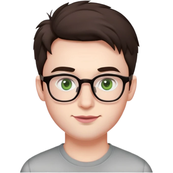 Young man with short but voluminous poofy dark brown hair, green eyes wearing glasses, wide face with eyes set apart, bigger ears, very pale skin, slightly bigger nose, fuller darker pink lips with a smile, and very light stubble emoji