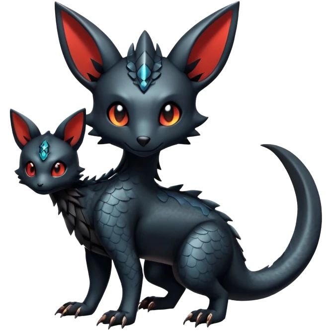 Shiny Dark Cute Majestic Sophisticated Modern Gothic Gloomy Futuristic Scaly Cyber-Salandit-Umbreon-Litten-Hybrid (Full body) emoji
