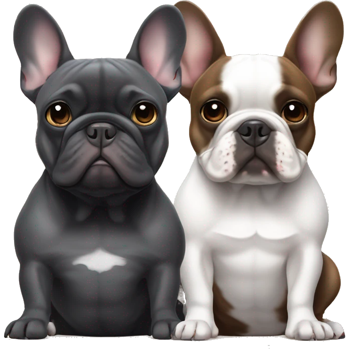 Dark grey french bulldog sits next to a brindled brown black French bulldog, best friends emoji