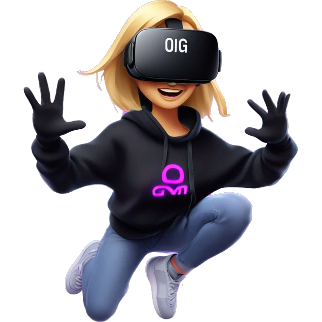 Russian girl wearing black hoody with violet letters "OMG", in vr headset oculus quest2. jumping. Cyberpunk style. Violet neon. emoji